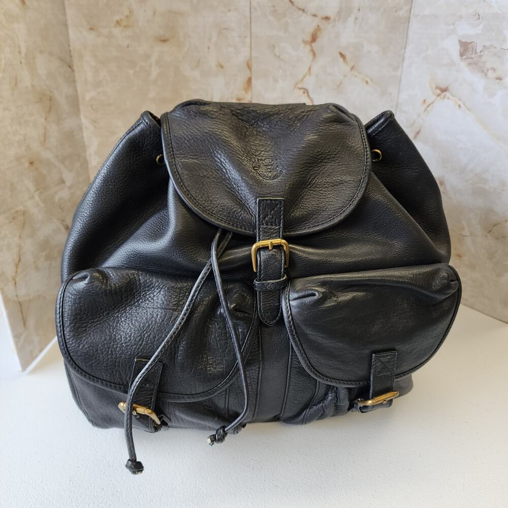 WATHNE Black Leather Drawstring Backpack Made in Korea